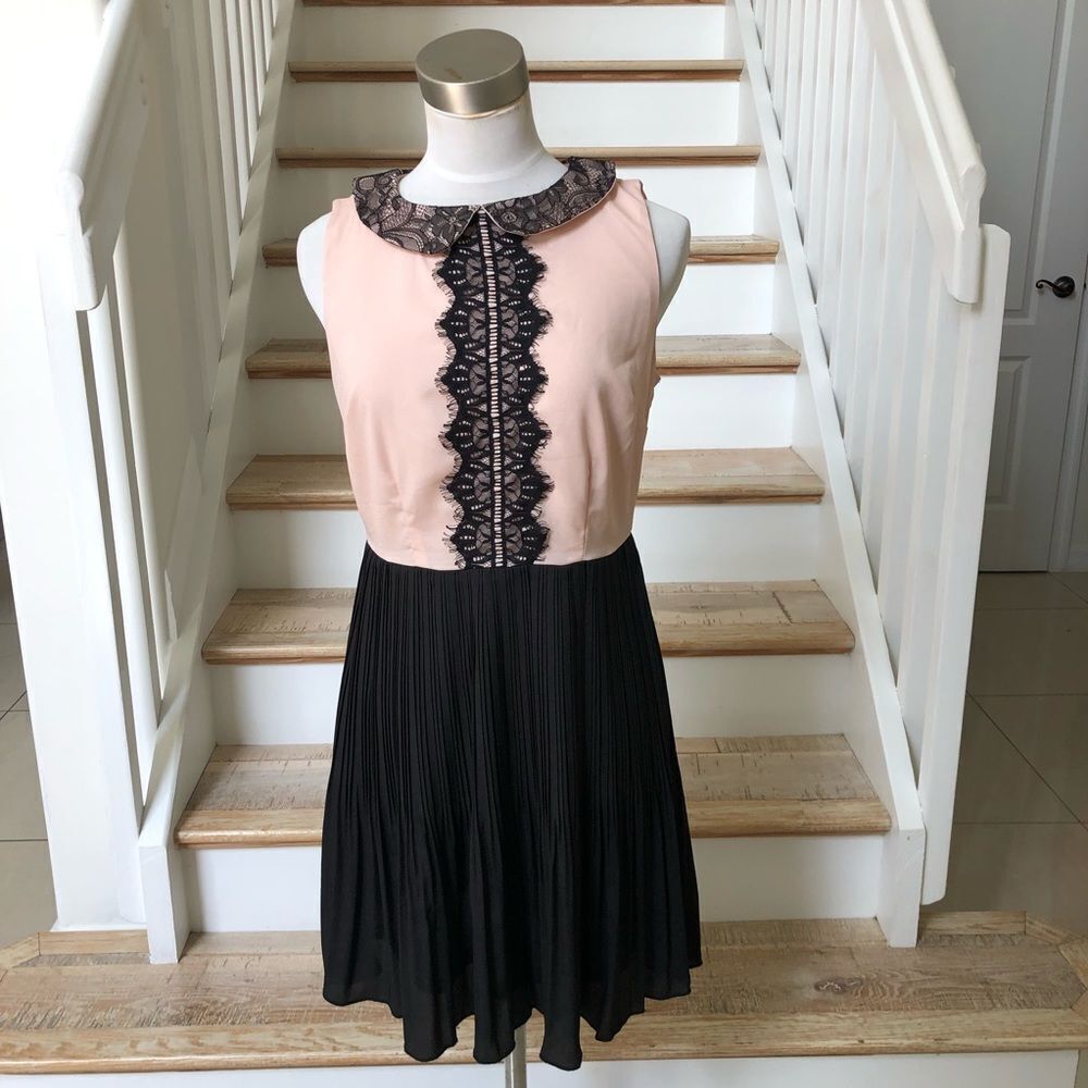Manteau peach black pleated lace mini dress M
